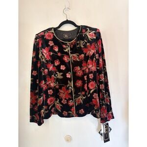 Vintage R&K Evening Button Down‎ Jacket Valour Metallic Floral Red Black Size 12